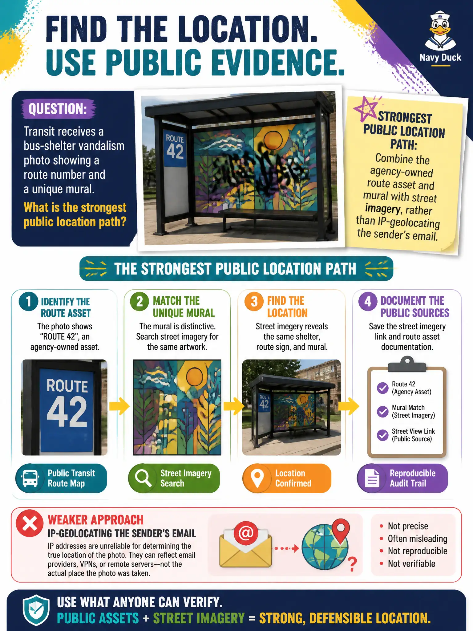 To Create an exciting colorful infographic that explains the concepts in the question: Question: Transit receives a bus-shelter vandalism photo showing a route number and a unique mural. What is the strongest public location path? Correct Answer: Combine the agency-owned route asset and mural with street imagery, rather than IP-geolocating the sender’s email. Put EVERY visible label in double quotes. No people. No A/B/C/D letters. In one of the four corners put a little "Navy Duck".