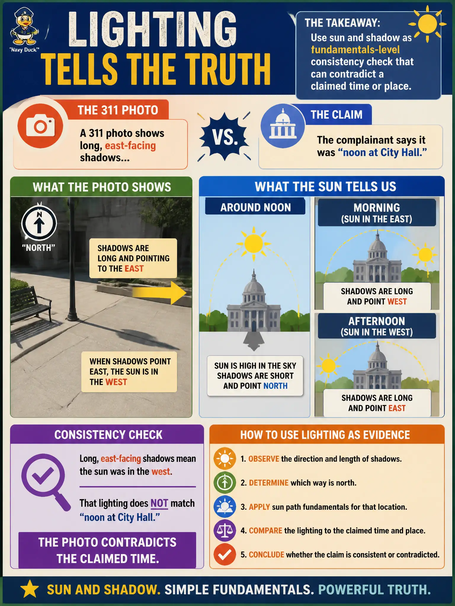 To Create an exciting colorful infographic that explains the concepts in the question: Question: A 311 photo shows long, east-facing shadows while the complainant says it was “noon at City Hall.” How should the analyst use that lighting? Correct Answer: Use sun and shadow as a fundamentals-level consistency check that can contradict a claimed time or place. Put EVERY visible label in double quotes. No people. No A/B/C/D letters. In one of the four corners put a little "Navy Duck".