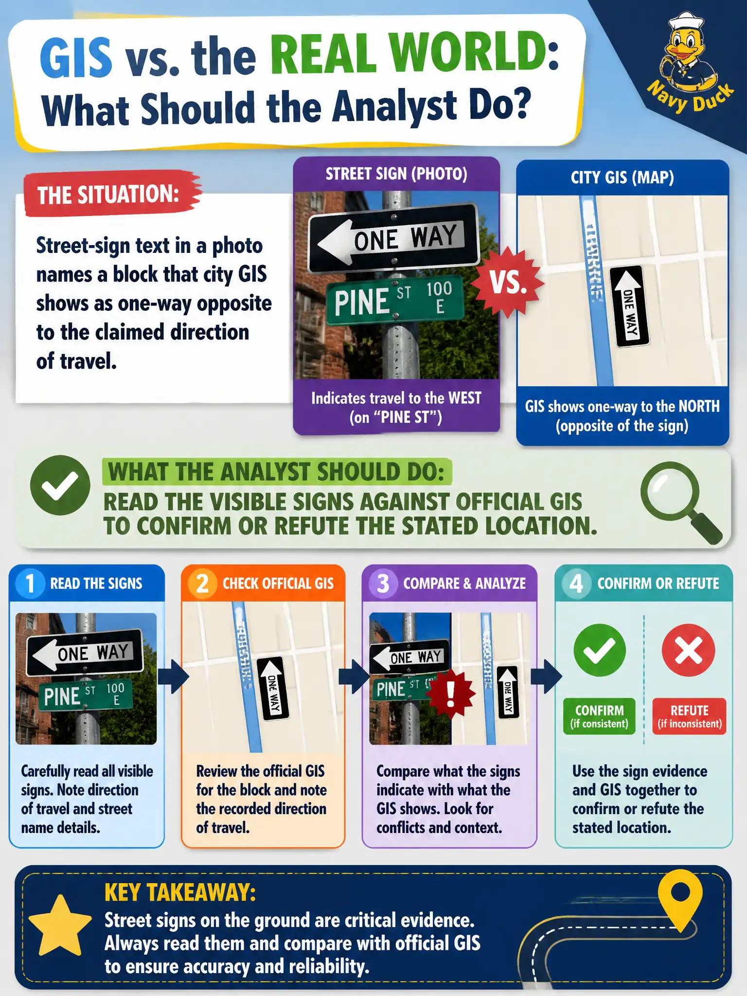 To Create an exciting colorful infographic that explains the concepts in the question: Question: Street-sign text in a photo names a block that city GIS shows as one-way opposite to the claimed direction of travel. What should the analyst do? Correct Answer: Read the visible signs against official GIS to confirm or refute the stated location. Put EVERY visible label in double quotes. No people. No A/B/C/D letters. In one of the four corners put a little "Navy Duck".