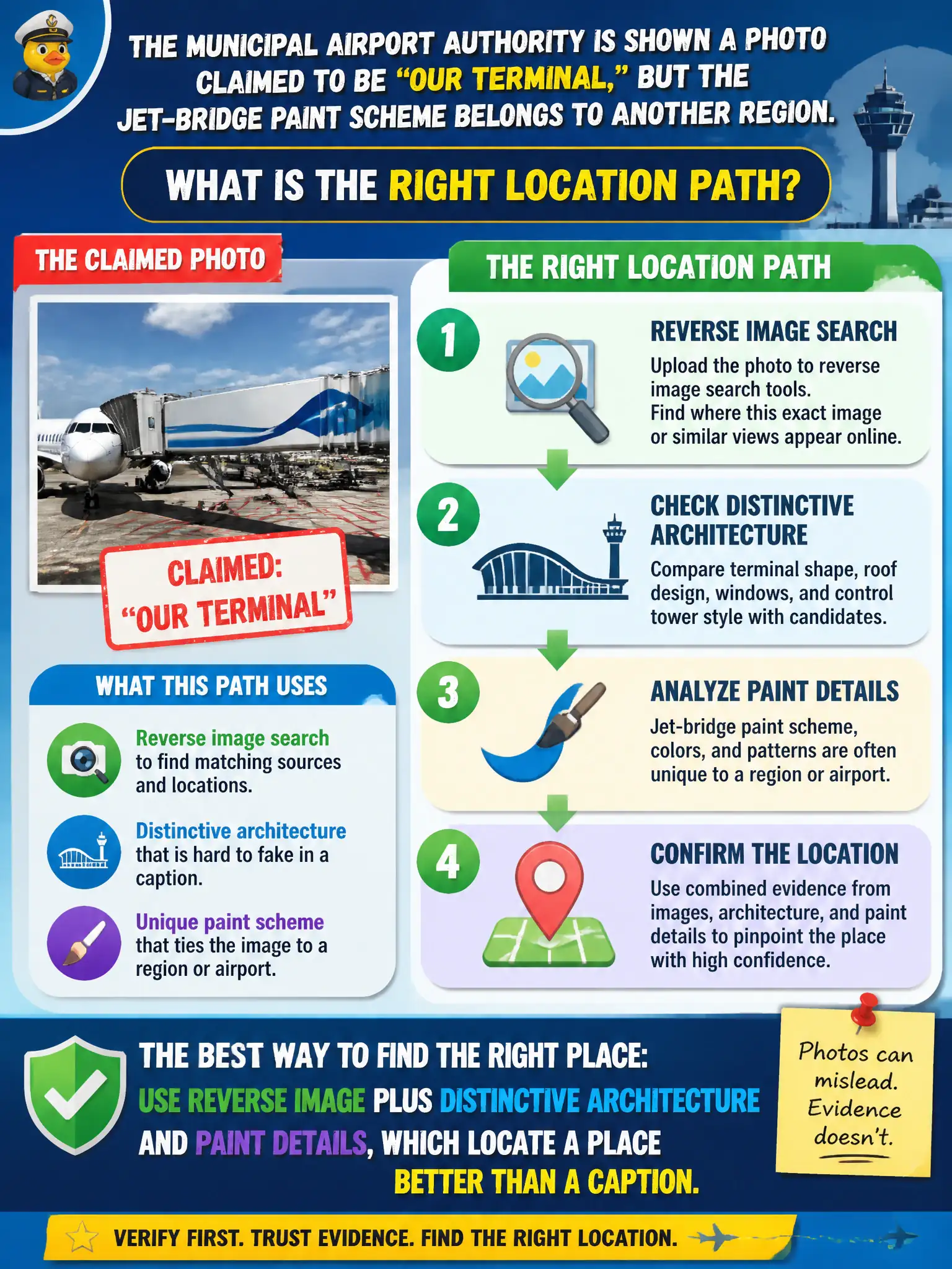 To Create an exciting colorful infographic that explains the concepts in the question: Question: The municipal airport authority is shown a photo claimed to be “our terminal,” but the jet-bridge paint scheme belongs to another region. What is the right location path? Correct Answer: Use reverse image plus distinctive architecture and paint details, which locate a place better than a caption. Put EVERY visible label in double quotes. No people. No A/B/C/D letters. In one of the four corners put a little "Navy Duck".
