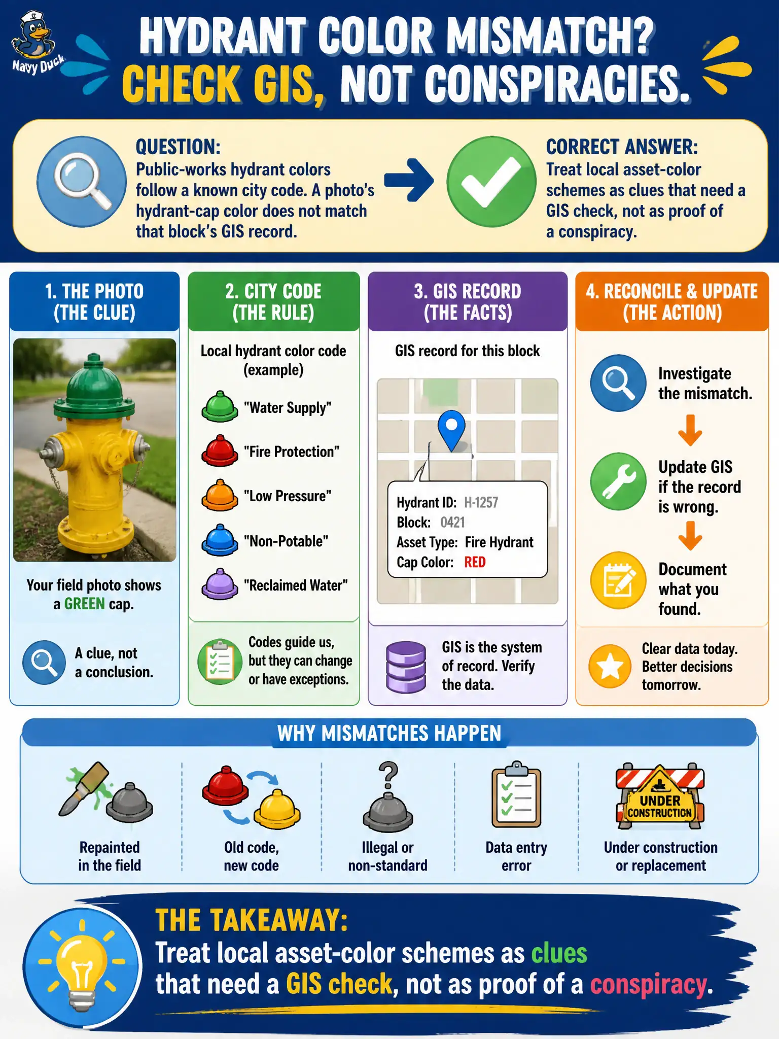 To Create an exciting colorful infographic that explains the concepts in the question: Question: Public-works hydrant colors follow a known city code. A photo’s hydrant-cap color does not match that block’s GIS record. How should the analyst treat the mismatch? Correct Answer: Treat local asset-color schemes as clues that need a GIS check, not as proof of a conspiracy. Put EVERY visible label in double quotes. No people. No A/B/C/D letters. In one of the four corners put a little "Navy Duck".