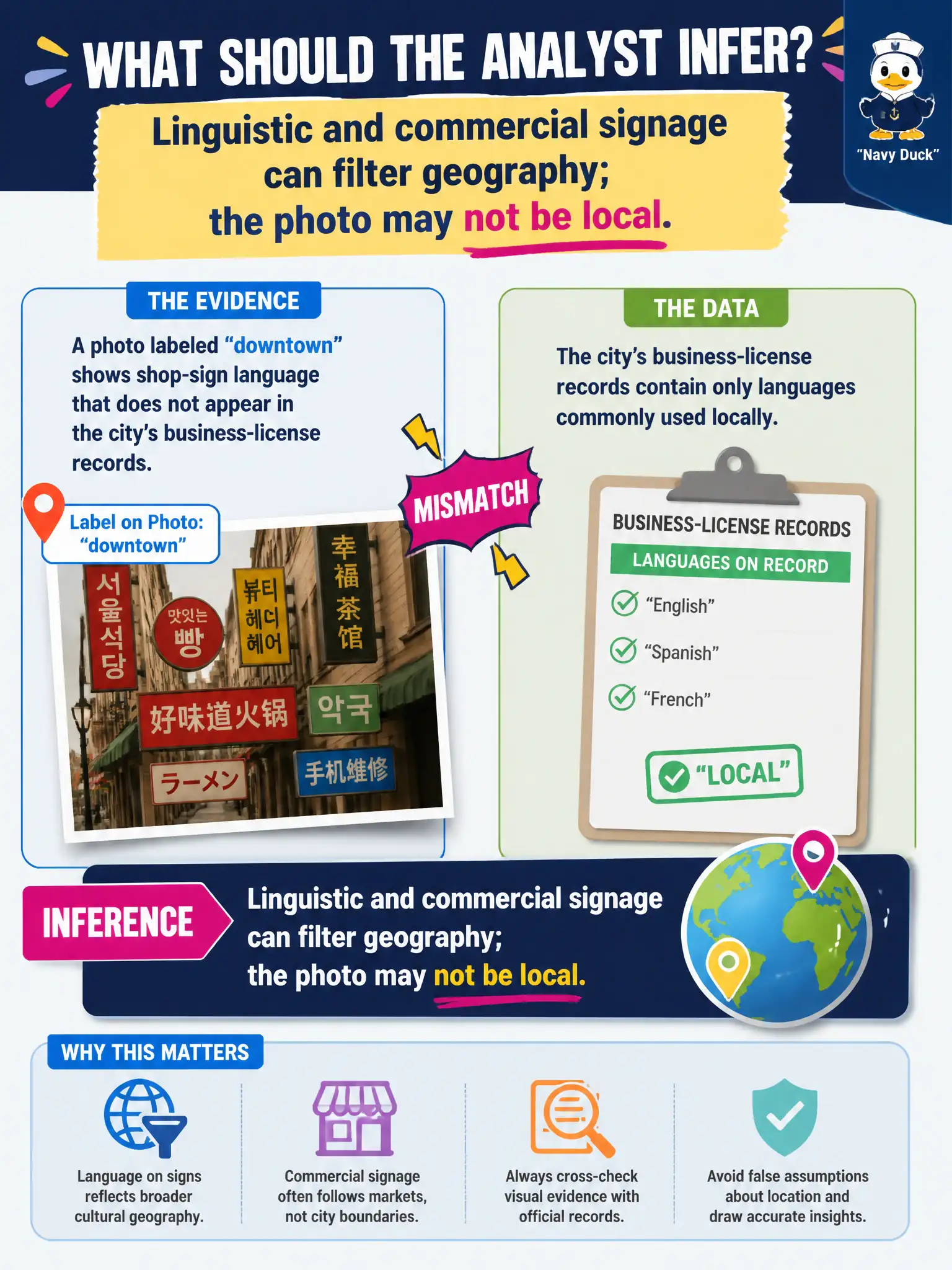 To Create an exciting colorful infographic that explains the concepts in the question: Question: A photo labeled “downtown” shows shop-sign language that does not appear in the city’s business-license records. What should the analyst infer? Correct Answer: Linguistic and commercial signage can filter geography; the photo may not be local. Put EVERY visible label in double quotes. No people. No A/B/C/D letters. In one of the four corners put a little "Navy Duck".