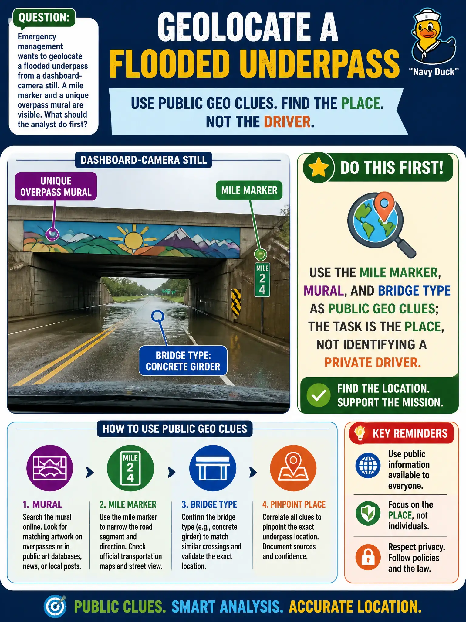 To Create an exciting colorful infographic that explains the concepts in the question: Question: Emergency management wants to geolocate a flooded underpass from a dashboard-camera still. A mile marker and a unique overpass mural are visible. What should the analyst do first? Correct Answer: Use the mile marker, mural, and bridge type as public geo clues; the task is the place, not identifying a private driver. Put EVERY visible label in double quotes. No people. No A/B/C/D letters. In one of the four corners put a little "Navy Duck".