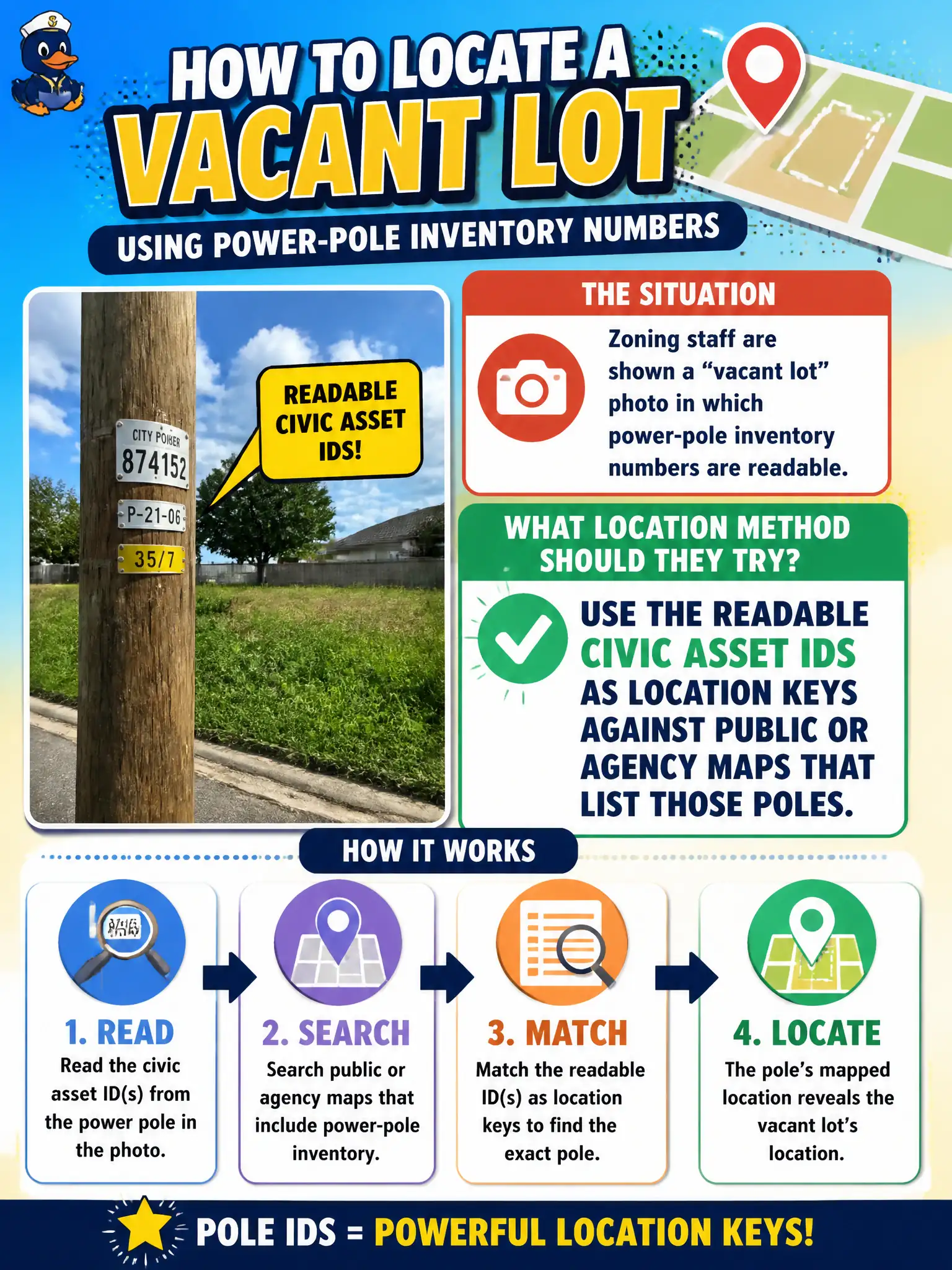 To Create an exciting colorful infographic that explains the concepts in the question: Question: Zoning staff are shown a “vacant lot” photo in which power-pole inventory numbers are readable. What location method should they try? Correct Answer: Use the readable civic asset IDs as location keys against public or agency maps that list those poles. Put EVERY visible label in double quotes. No people. No A/B/C/D letters. In one of the four corners put a little "Navy Duck".