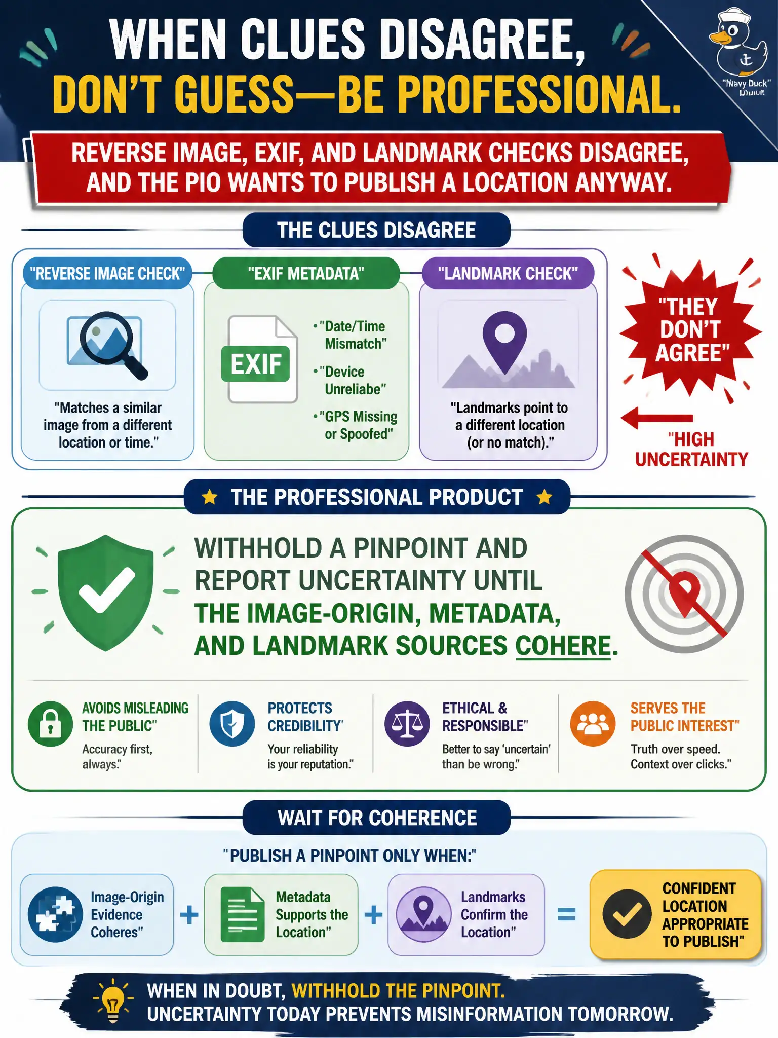 To Create an exciting colorful infographic that explains the concepts in the question: Question: Reverse image, EXIF, and landmark checks disagree, and the PIO wants to publish a location anyway. What is the professional product? Correct Answer: Withhold a pinpoint and report uncertainty until the image-origin, metadata, and landmark sources cohere. Put EVERY visible label in double quotes. No people. No A/B/C/D letters. In one of the four corners put a little "Navy Duck".