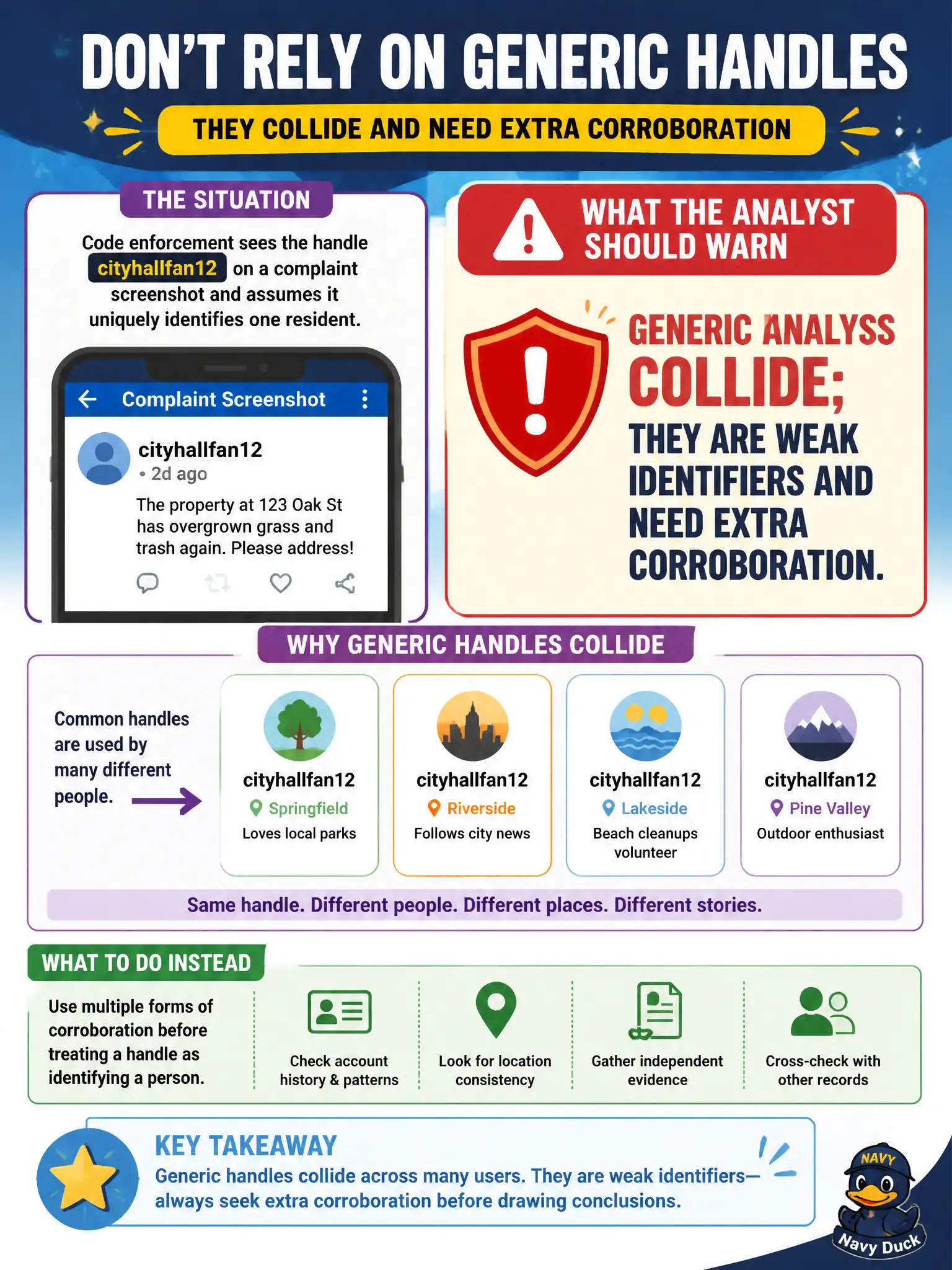 To Create an exciting colorful infographic that explains the concepts in the question: Question: Code enforcement sees the handle cityhallfan12 on a complaint screenshot and assumes it uniquely identifies one resident. What should the analyst warn? Correct Answer: Generic handles collide; they are weak identifiers and need extra corroboration. Put EVERY visible label in double quotes. No people. No A/B/C/D letters. In one of the four corners put a little "Navy Duck".