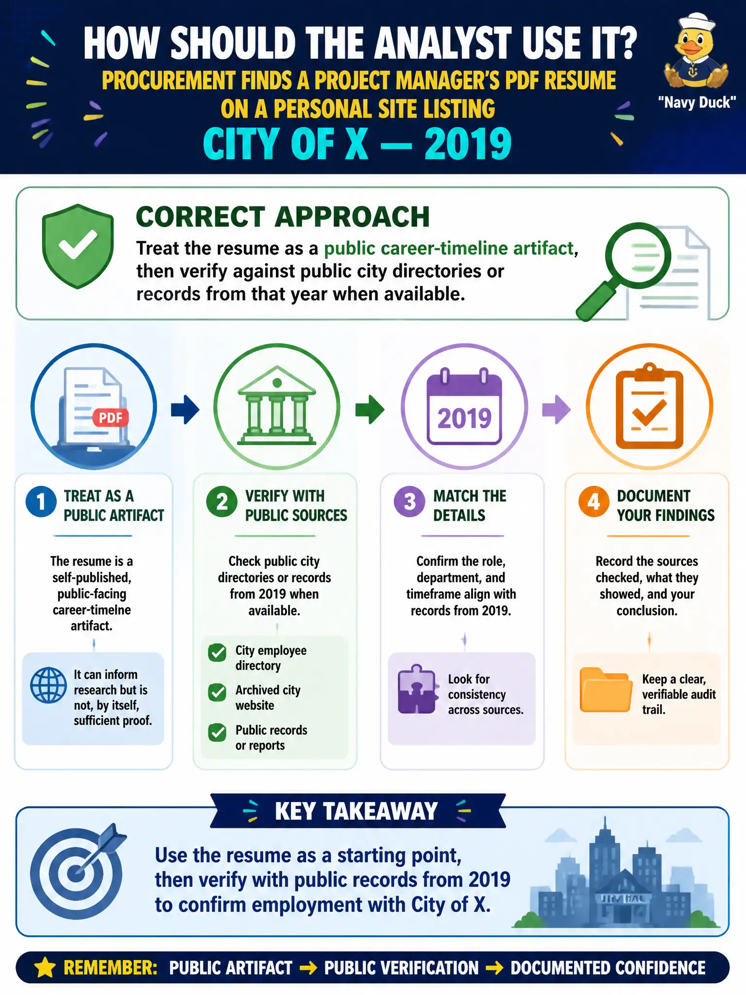 To Create an exciting colorful infographic that explains the concepts in the question: Question: Procurement finds a project manager's PDF resume on a personal site listing City of X — 2019. How should the analyst use it? Correct Answer: Treat the resume as a public career-timeline artifact, then verify against public city directories or records from that year when available. Put EVERY visible label in double quotes. No people. No A/B/C/D letters. In one of the four corners put a little "Navy Duck".