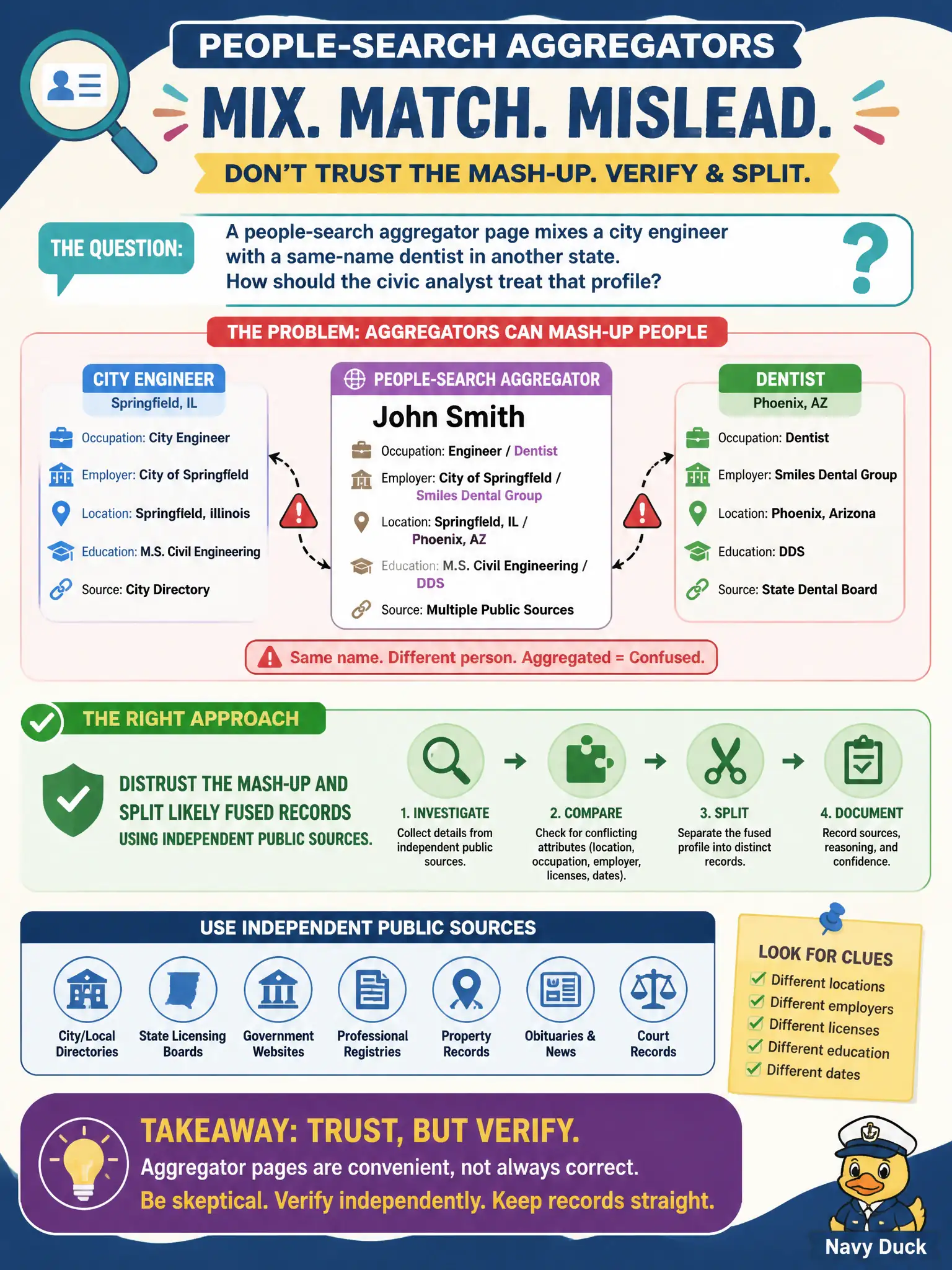 To Create an exciting colorful infographic that explains the concepts in the question: Question: A people-search aggregator page mixes a city engineer with a same-name dentist in another state. How should the civic analyst treat that profile? Correct Answer: Distrust the mash-up and split likely fused records using independent public sources. Put EVERY visible label in double quotes. No people. No A/B/C/D letters. In one of the four corners put a little "Navy Duck".
