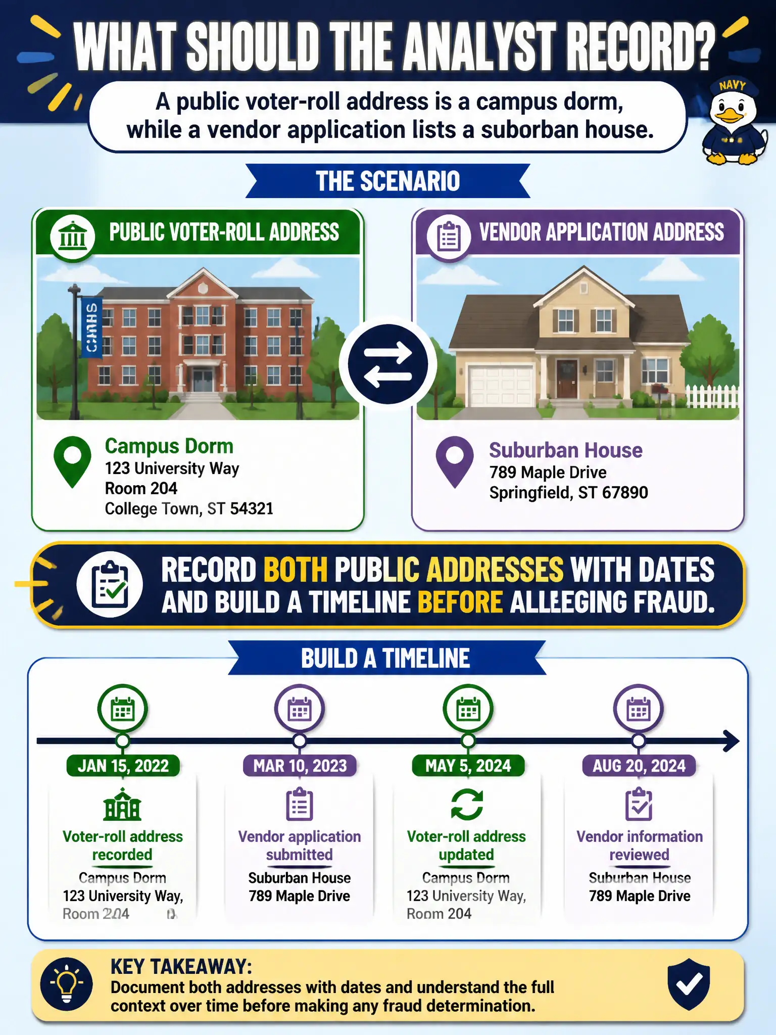 To Create an exciting colorful infographic that explains the concepts in the question: Question: A public voter-roll address is a campus dorm, while a vendor application lists a suburban house. What should the analyst record? Correct Answer: Record both public addresses with dates and build a timeline before alleging fraud. Put EVERY visible label in double quotes. No people. No A/B/C/D letters. In one of the four corners put a little "Navy Duck".