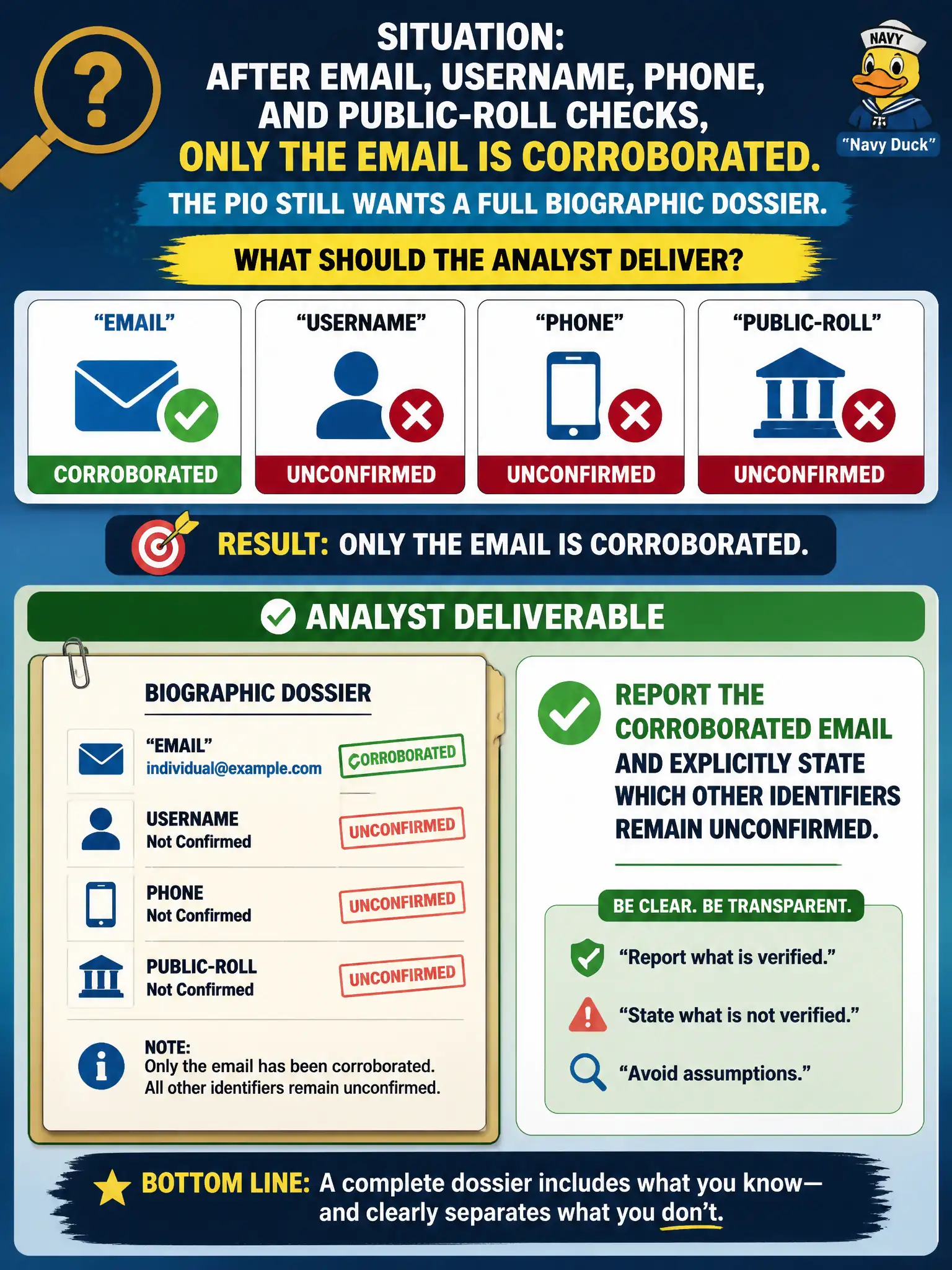 To Create an exciting colorful infographic that explains the concepts in the question: Question: After email, username, phone, and public-roll checks, only the email is corroborated. The PIO still wants a full biographic dossier. What should the analyst deliver? Correct Answer: Report the corroborated email and explicitly state which other identifiers remain unconfirmed. Put EVERY visible label in double quotes. No people. No A/B/C/D letters. In one of the four corners put a little "Navy Duck".