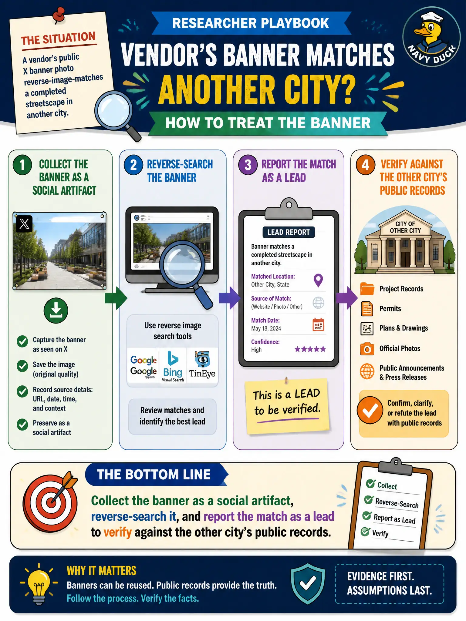 To Create an exciting colorful infographic that explains the concepts in the question: Question: A vendor's public X banner photo reverse-image-matches a completed streetscape in another city. How should the researcher treat that banner? Correct Answer: Collect the banner as a social artifact, reverse-search it, and report the match as a lead to verify against the other city's public records Put EVERY visible label in double quotes. No people. No A/B/C/D letters. In one of the four corners put a little "Navy Duck".