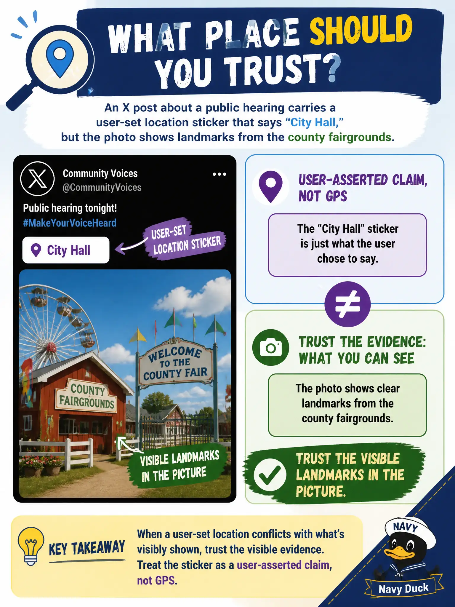 To Create an exciting colorful infographic that explains the concepts in the question: Question: An X post about a public hearing carries a user-set location sticker that says "City Hall," but the photo shows landmarks from the county fairgrounds. What should the researcher trust for place? Correct Answer: The visible landmarks in the picture, treating the sticker as a user-asserted claim rather than GPS Put EVERY visible label in double quotes. No people. No A/B/C/D letters. In one of the four corners put a little "Navy Duck".