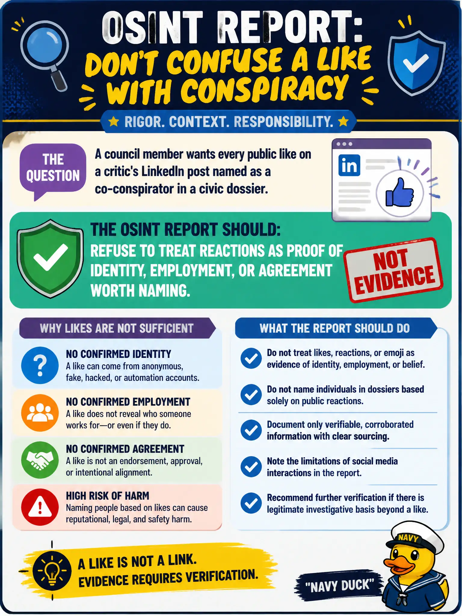 To Create an exciting colorful infographic that explains the concepts in the question: Question: A council member wants every public like on a critic's LinkedIn post named as a co-conspirator in a civic dossier. What should the OSINT report do? Correct Answer: Refuse to treat reactions as proof of identity, employment, or agreement worth naming Put EVERY visible label in double quotes. No people. No A/B/C/D letters. In one of the four corners put a little "Navy Duck".