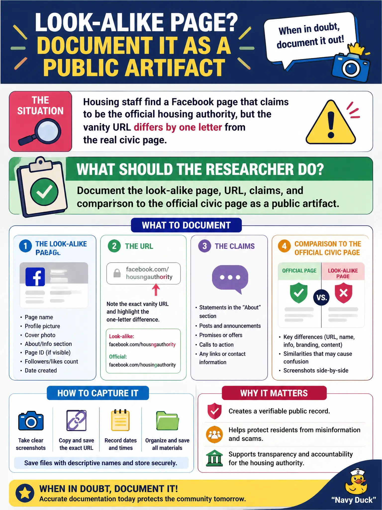 To Create an exciting colorful infographic that explains the concepts in the question: Question: Housing staff find a Facebook page that claims to be the official housing authority, but the vanity URL differs by one letter from the real civic page. What should the researcher do? Correct Answer: Document the look-alike page, URL, claims, and comparison to the official civic page as a public artifact Put EVERY visible label in double quotes. No people. No A/B/C/D letters. In one of the four corners put a little "Navy Duck".