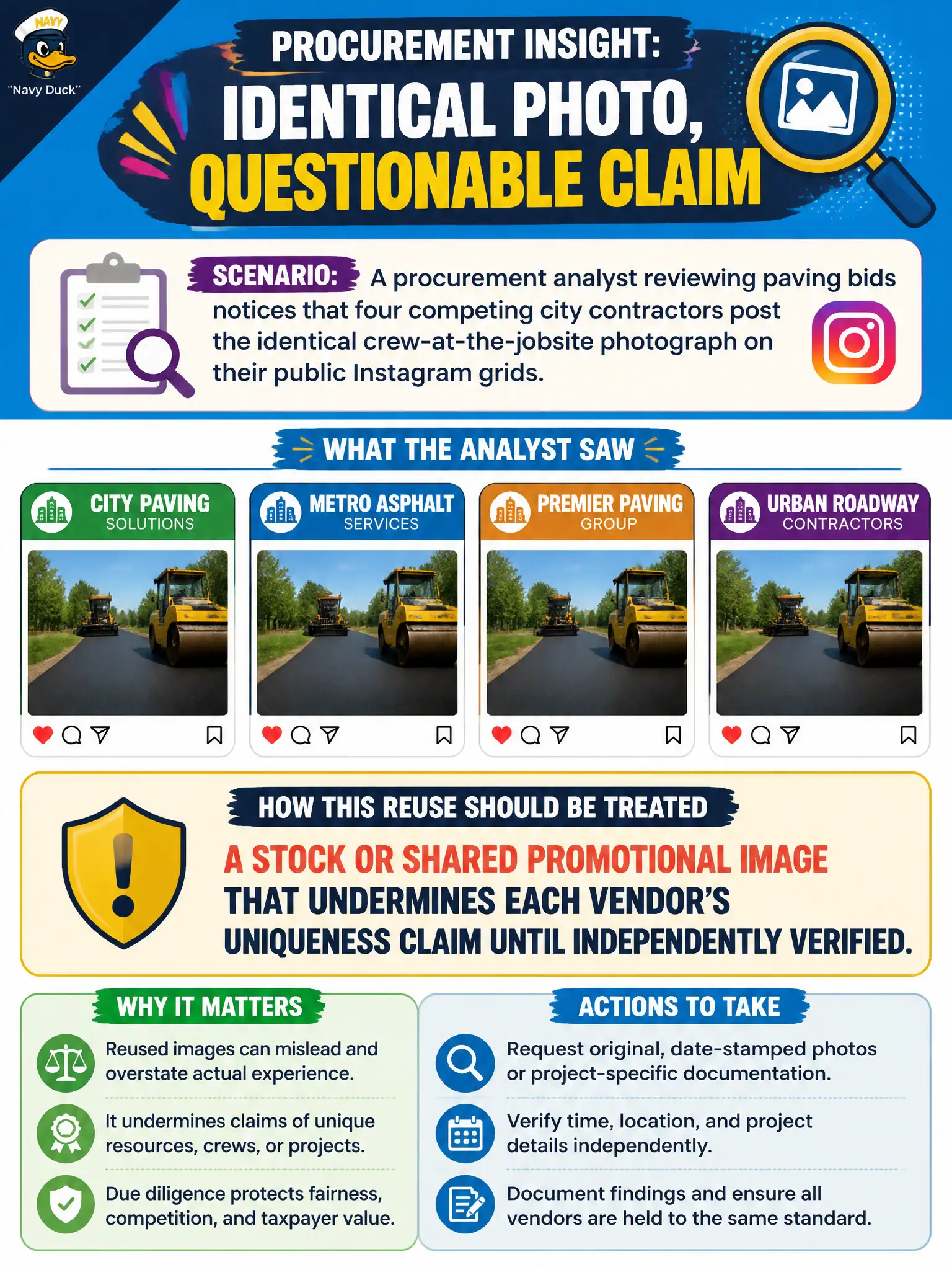 To Create an exciting colorful infographic that explains the concepts in the question: Question: A procurement analyst reviewing paving bids notices that four competing city contractors post the identical crew-at-the-jobsite photograph on their public Instagram grids. What should that reuse be treated as? Correct Answer: A stock or shared promotional image that undermines each vendor's uniqueness claim until independently verified. Put EVERY visible label in double quotes. No people. No A/B/C/D letters. In one of the four corners put a little "Navy Duck".