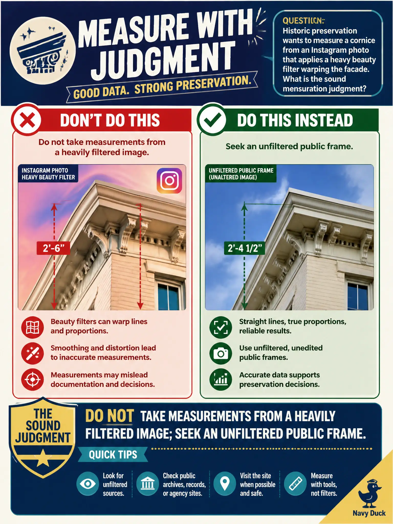 To Create an exciting colorful infographic that explains the concepts in the question: Question: Historic preservation wants to measure a cornice from an Instagram photo that applies a heavy beauty filter warping the facade. What is the sound mensuration judgment? Correct Answer: Do not take measurements from a heavily filtered image; seek an unfiltered public frame. Put EVERY visible label in double quotes. No people. No A/B/C/D letters. In one of the four corners put a little "Navy Duck".
