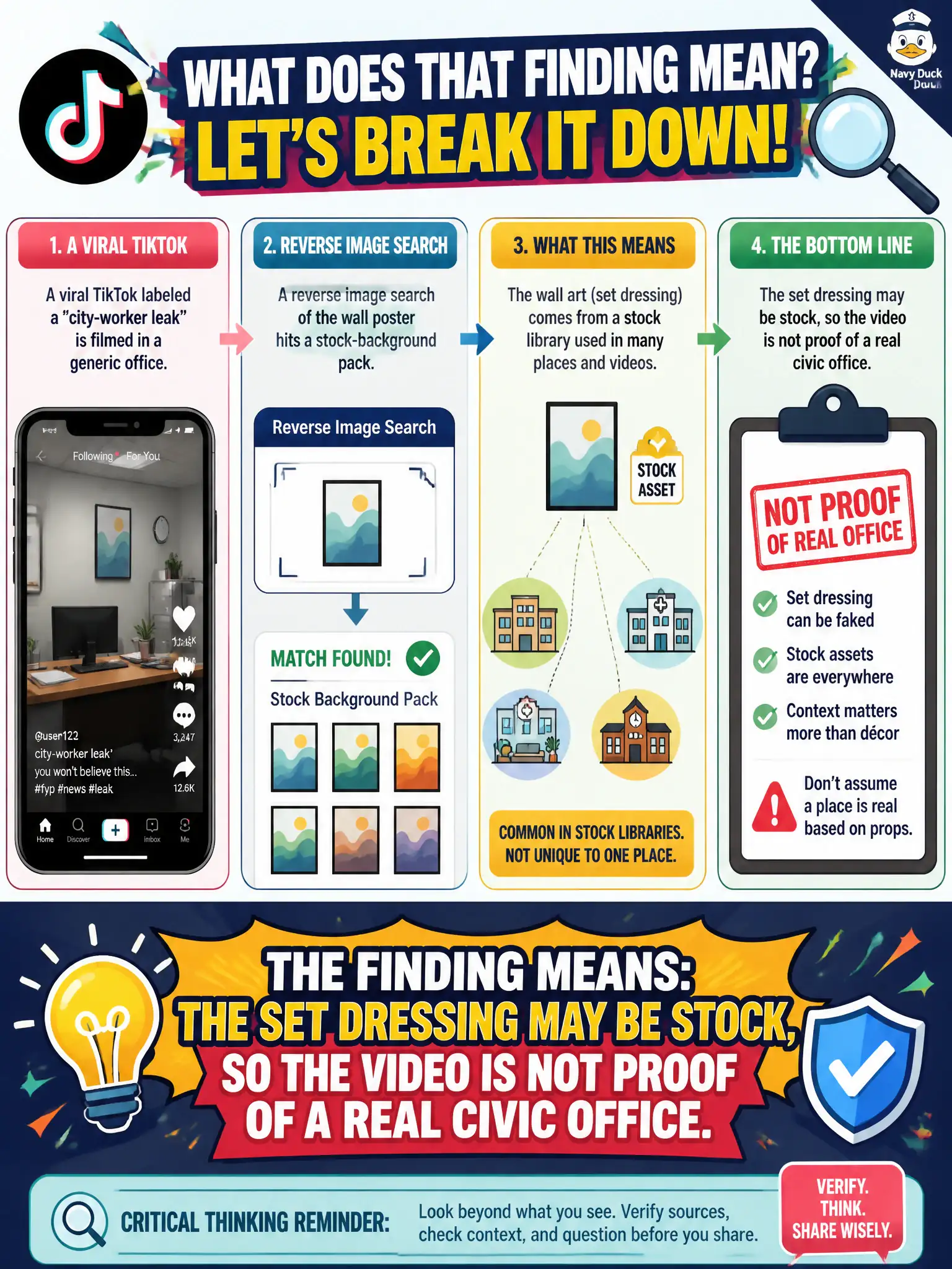 To Create an exciting colorful infographic that explains the concepts in the question: Question: A viral TikTok labeled a city-worker leak is filmed in a generic office, and reverse image search of a wall poster hits a stock-background pack. What does that finding mean? Correct Answer: The set dressing may be stock, so the video is not proof of a real civic office. Put EVERY visible label in double quotes. No people. No A/B/C/D letters. In one of the four corners put a little "Navy Duck".