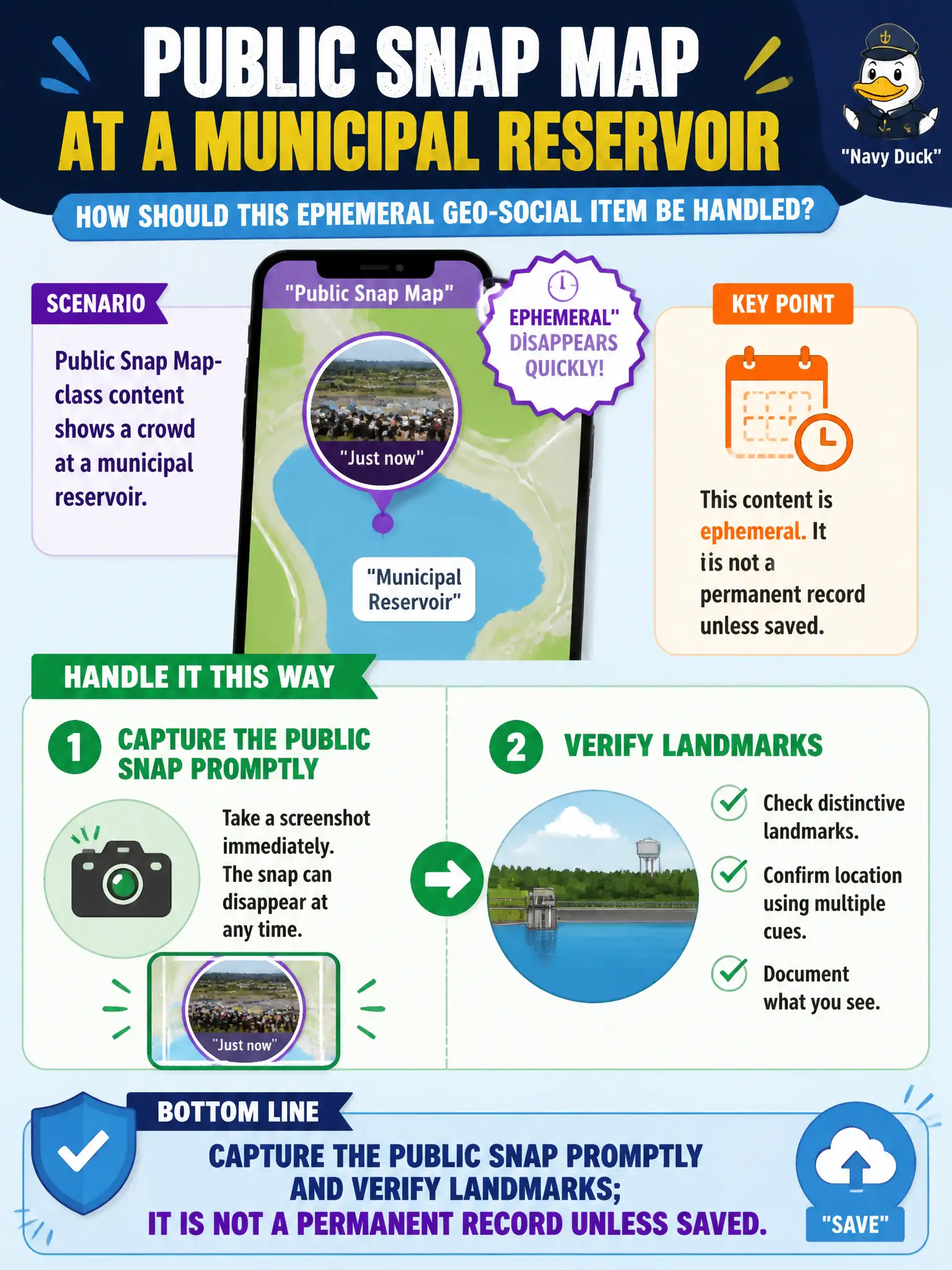 To Create an exciting colorful infographic that explains the concepts in the question: Question: Public Snap Map-class content shows a crowd at a municipal reservoir. How should that ephemeral geo-social item be handled? Correct Answer: Capture the public snap promptly and verify landmarks; it is not a permanent record unless saved. Put EVERY visible label in double quotes. No people. No A/B/C/D letters. In one of the four corners put a little "Navy Duck".