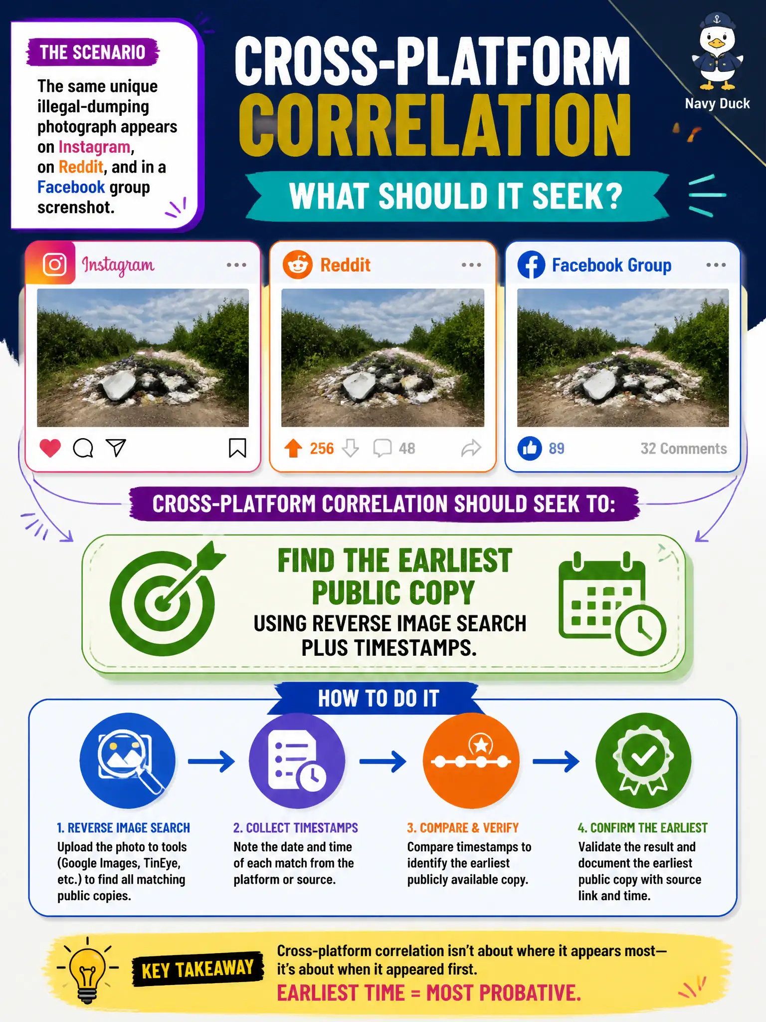 To Create an exciting colorful infographic that explains the concepts in the question: Question: The same unique illegal-dumping photograph appears on Instagram, on Reddit, and in a Facebook group screenshot. What should cross-platform correlation seek? Correct Answer: Find the earliest public copy using reverse image search plus timestamps. Put EVERY visible label in double quotes. No people. No A/B/C/D letters. In one of the four corners put a little "Navy Duck".