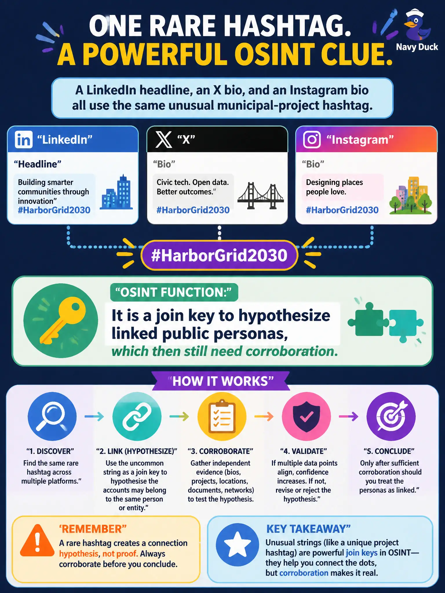 To Create an exciting colorful infographic that explains the concepts in the question: Question: A LinkedIn headline, an X bio, and an Instagram bio all use the same unusual municipal-project hashtag. What OSINT function does that rare string serve? Correct Answer: It is a join key to hypothesize linked public personas, which then still need corroboration. Put EVERY visible label in double quotes. No people. No A/B/C/D letters. In one of the four corners put a little "Navy Duck".