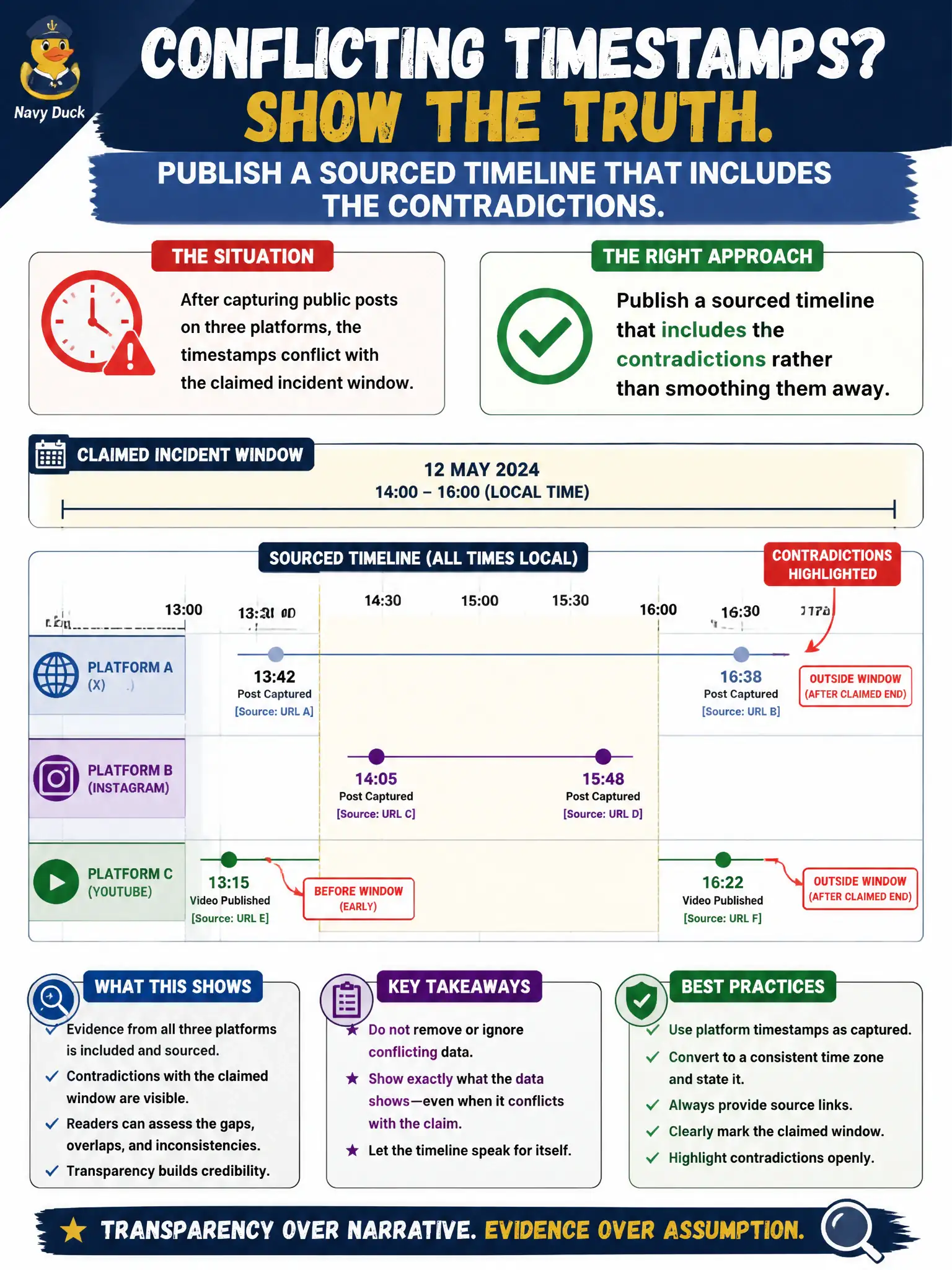 To Create an exciting colorful infographic that explains the concepts in the question: Question: After capturing public posts on three platforms, the timestamps conflict with the claimed incident window. How should the OSINT report present that? Correct Answer: Publish a sourced timeline that includes the contradictions rather than smoothing them away. Put EVERY visible label in double quotes. No people. No A/B/C/D letters. In one of the four corners put a little "Navy Duck".
