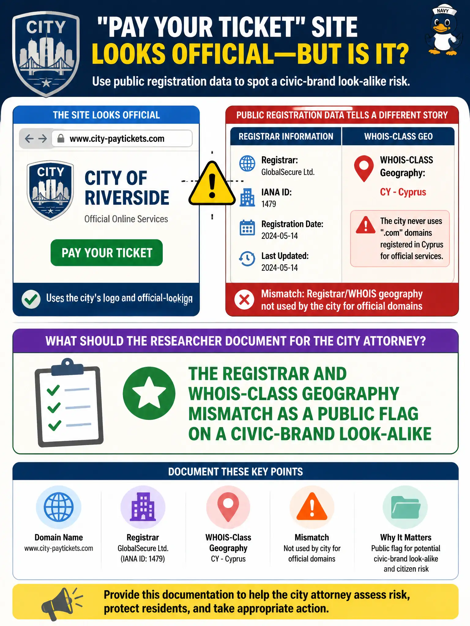 To Create an exciting colorful infographic that explains the concepts in the question: Question: A "pay your ticket" site uses the city's logo, but public registration data places the registrar in a country the city never uses for official domains. What should the researcher document for the city attorney? Correct Answer: The registrar and WHOIS-class geography mismatch as a public flag on a civic-brand look-alike Put EVERY visible label in double quotes. No people. No A/B/C/D letters. In one of the four corners put a little "Navy Duck".