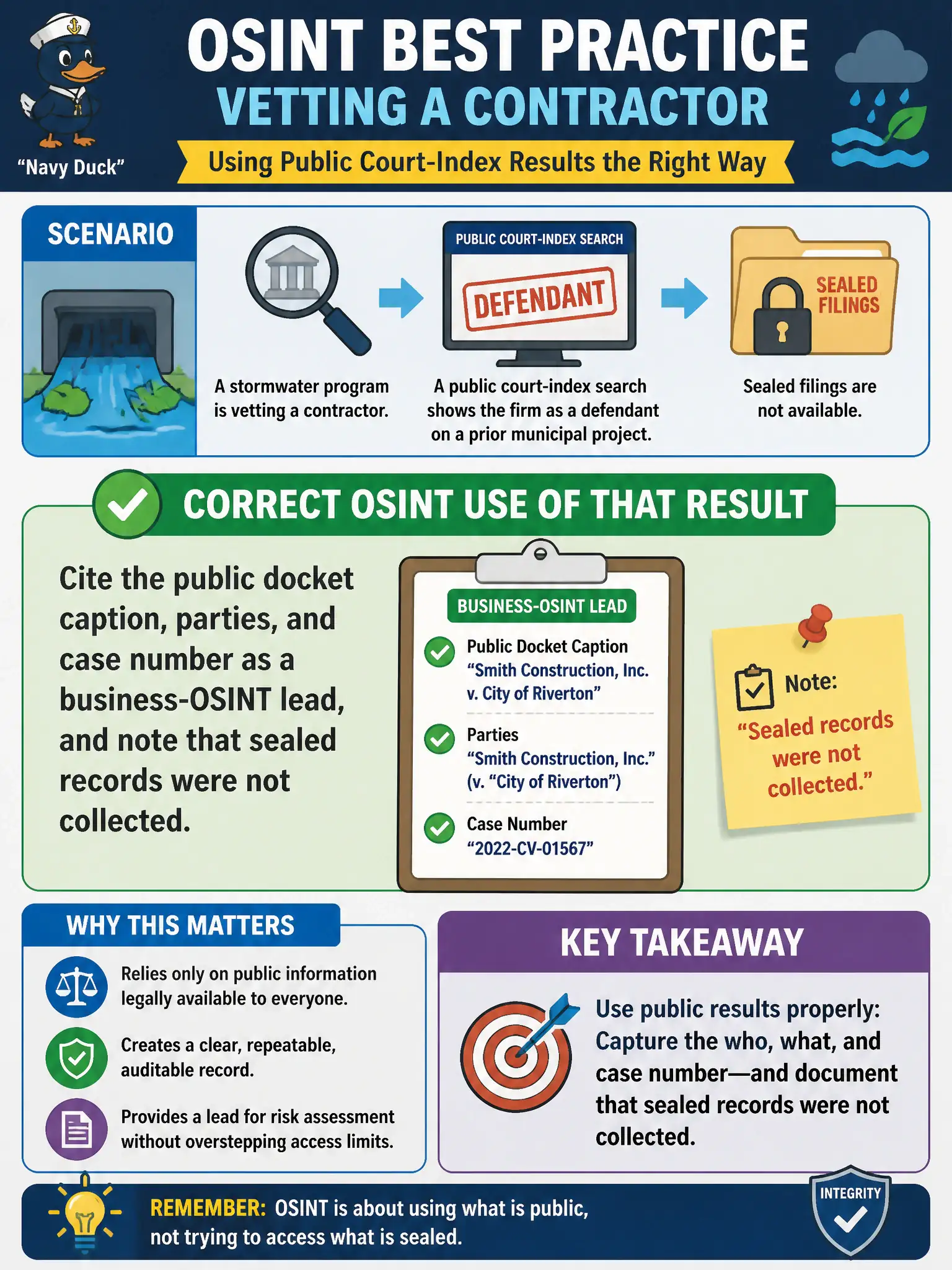 To Create an exciting colorful infographic that explains the concepts in the question: Question: A stormwater program is vetting a contractor. A public court-index search shows the firm as a defendant on a prior municipal project, and sealed filings are not available. What is the correct OSINT use of that result? Correct Answer: Cite the public docket caption, parties, and case number as a business-OSINT lead, and note that sealed records were not collected. Put EVERY visible label in double quotes. No people. No A/B/C/D letters. In one of the four corners put a little "Navy Duck".