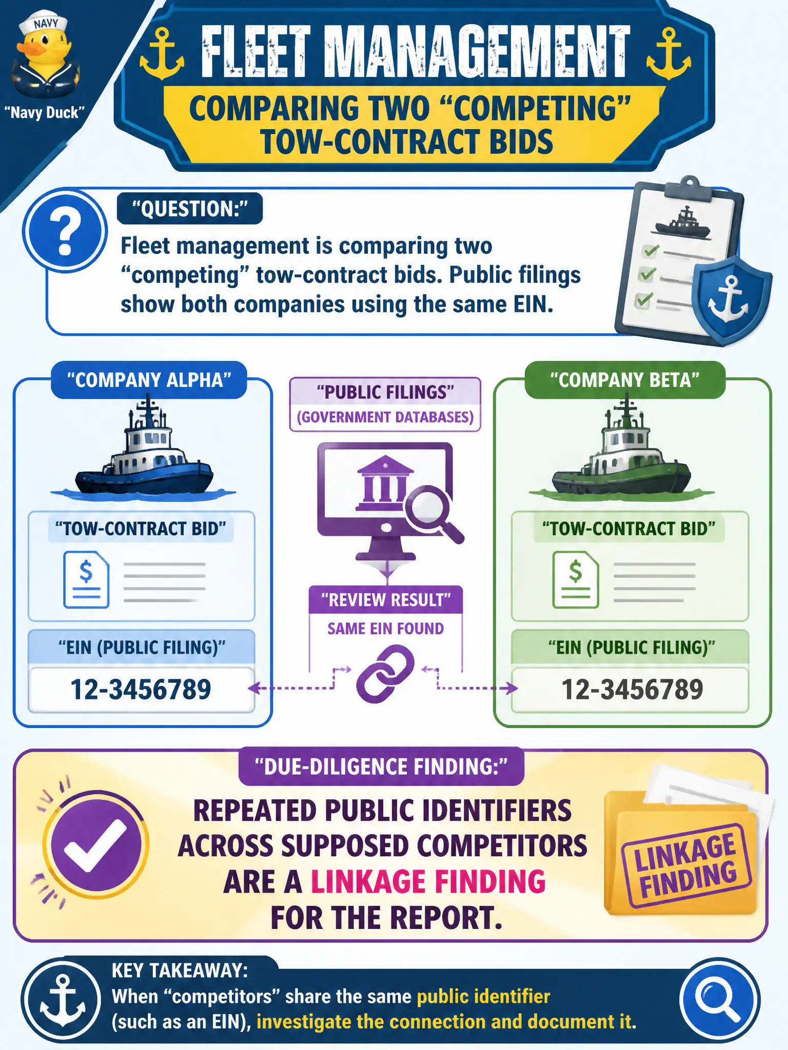 To Create an exciting colorful infographic that explains the concepts in the question: Question: Fleet management is comparing two “competing” tow-contract bids. Public filings show both companies using the same EIN. What is the due-diligence finding? Correct Answer: Repeated public identifiers across supposed competitors are a linkage finding for the report. Put EVERY visible label in double quotes. No people. No A/B/C/D letters. In one of the four corners put a little "Navy Duck".