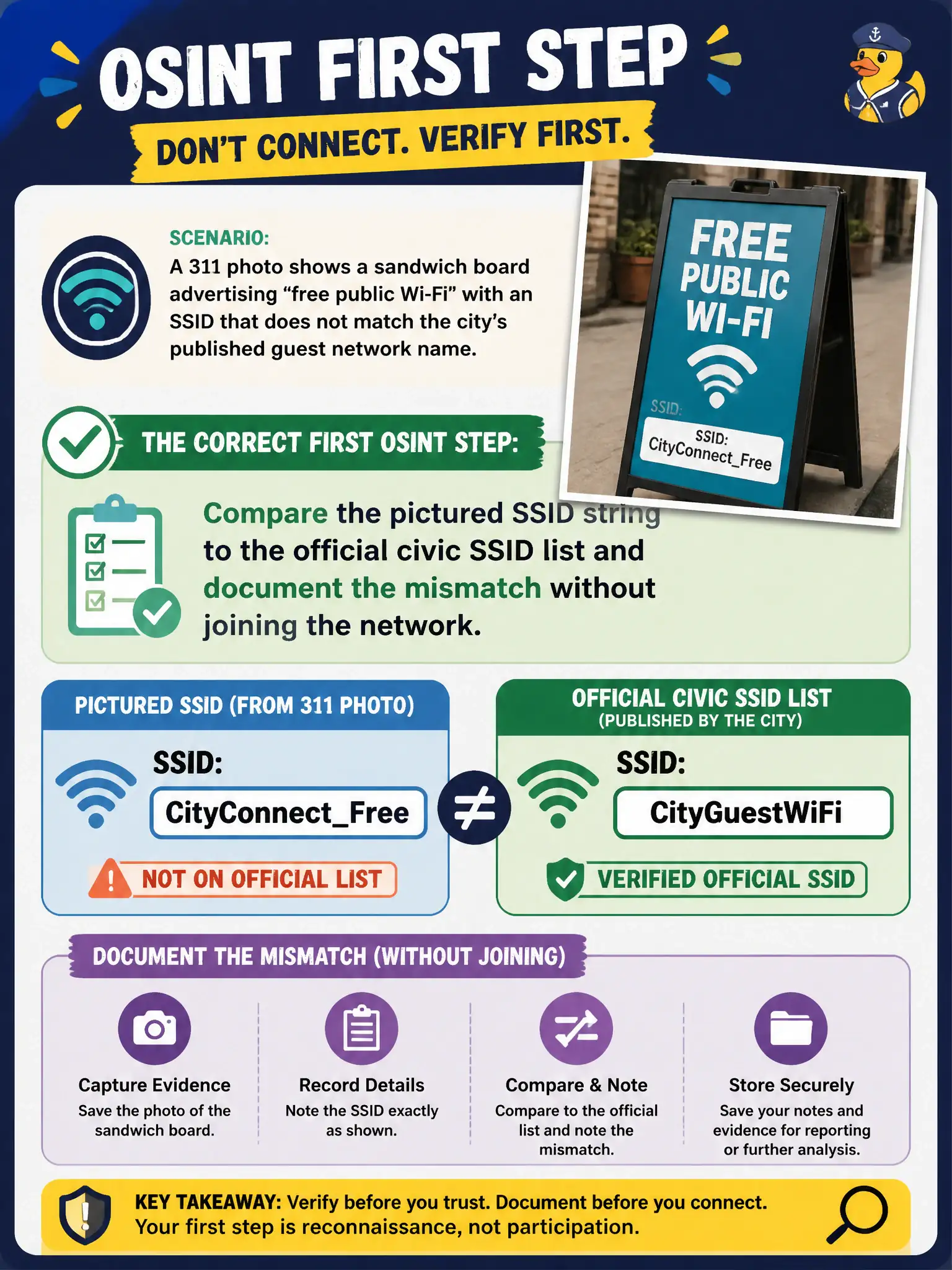 To Create an exciting colorful infographic that explains the concepts in the question: Question: A 311 photo shows a sandwich board advertising “free public Wi-Fi” with an SSID that does not match the city’s published guest network name. What is the correct first OSINT step? Correct Answer: Compare the pictured SSID string to the official civic SSID list and document the mismatch without joining the network. Put EVERY visible label in double quotes. No people. No A/B/C/D letters. In one of the four corners put a little "Navy Duck".