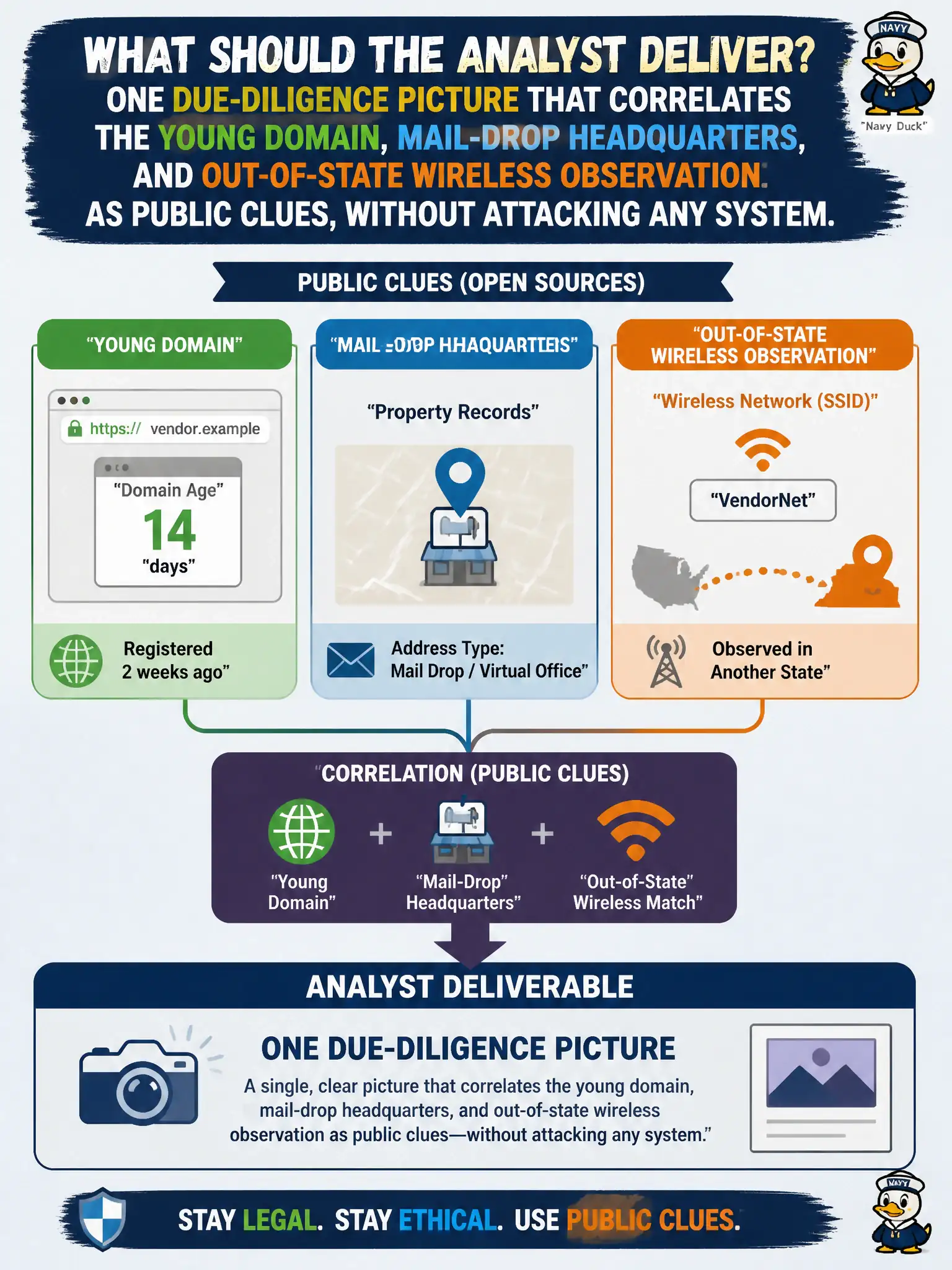 To Create an exciting colorful infographic that explains the concepts in the question: Question: A “local” vendor’s public surfaces show a two-week-old domain, a mail-drop headquarters in property records, and a matching SSID observed only in another state. What should the analyst deliver? Correct Answer: One due-diligence picture that correlates the young domain, mail-drop headquarters, and out-of-state wireless observation as public clues, without attacking any system. Put EVERY visible label in double quotes. No people. No A/B/C/D letters. In one of the four corners put a little "Navy Duck".
