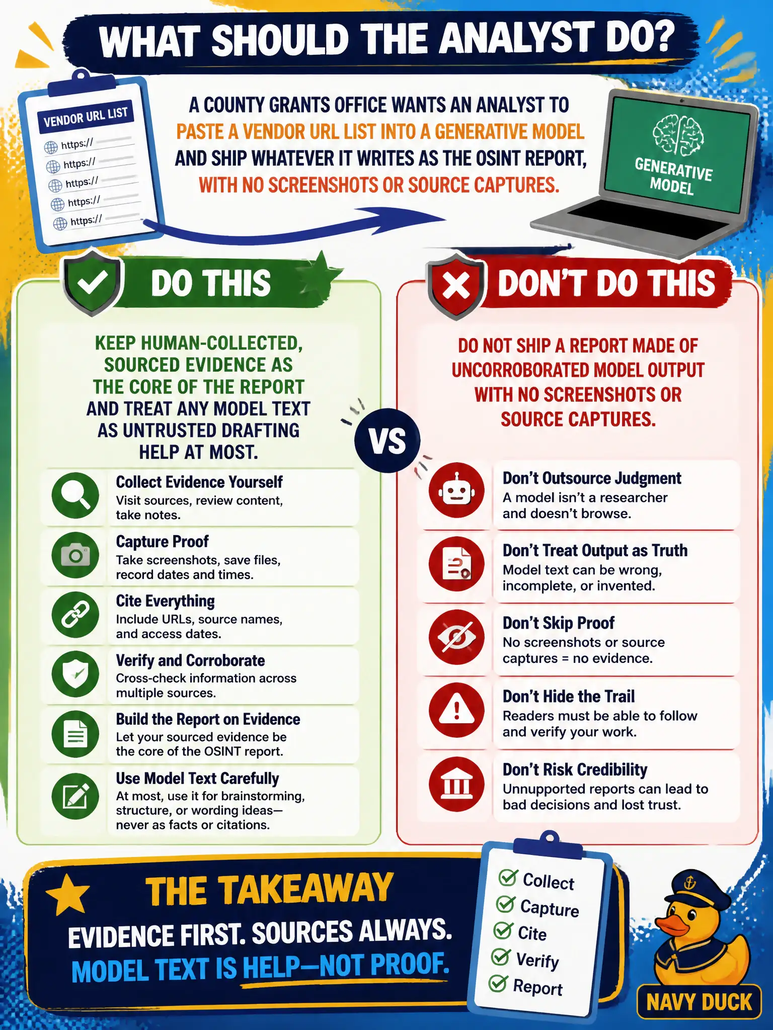 To Create an exciting colorful infographic that explains the concepts in the question: Question: A county grants office wants an analyst to paste a vendor URL list into a generative model and ship whatever it writes as the OSINT report, with no screenshots or source captures. What should the analyst do? Correct Answer: Keep human-collected, sourced evidence as the core of the report and treat any model text as untrusted drafting help at most. Put EVERY visible label in double quotes. No people. No A/B/C/D letters. In one of the four corners put a little "Navy Duck".