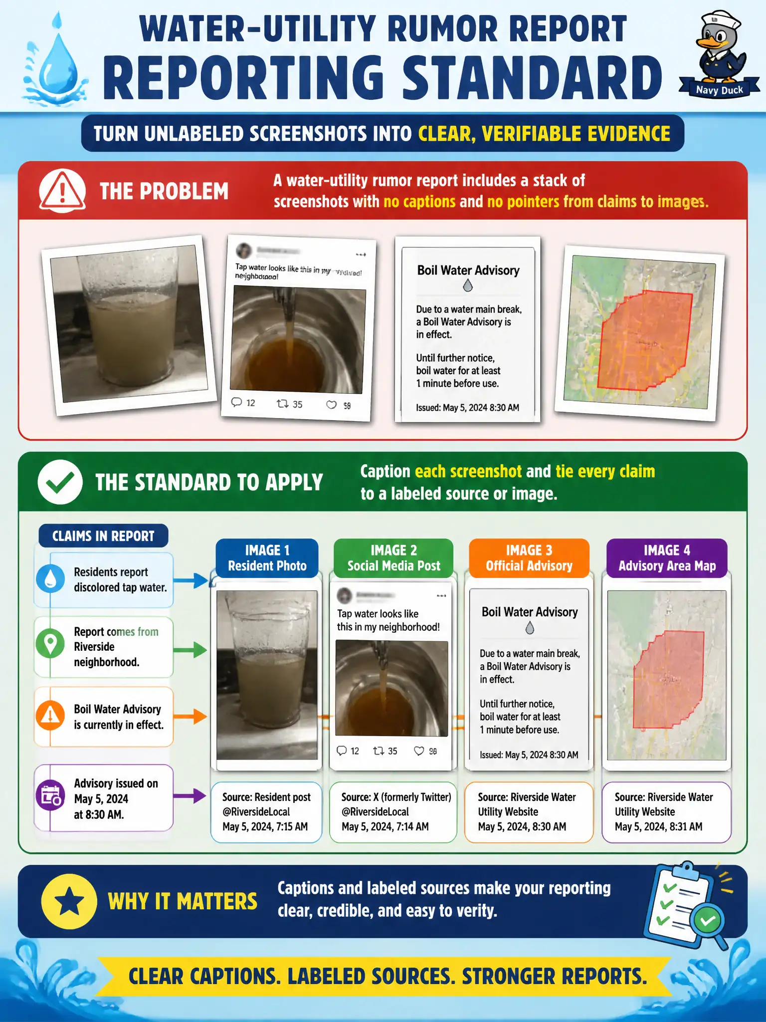 To Create an exciting colorful infographic that explains the concepts in the question: Question: A water-utility rumor report includes a stack of screenshots with no captions and no pointers from claims to images. What reporting standard should the analyst apply? Correct Answer: Caption each screenshot and tie every claim to a labeled source or image. Put EVERY visible label in double quotes. No people. No A/B/C/D letters. In one of the four corners put a little "Navy Duck".