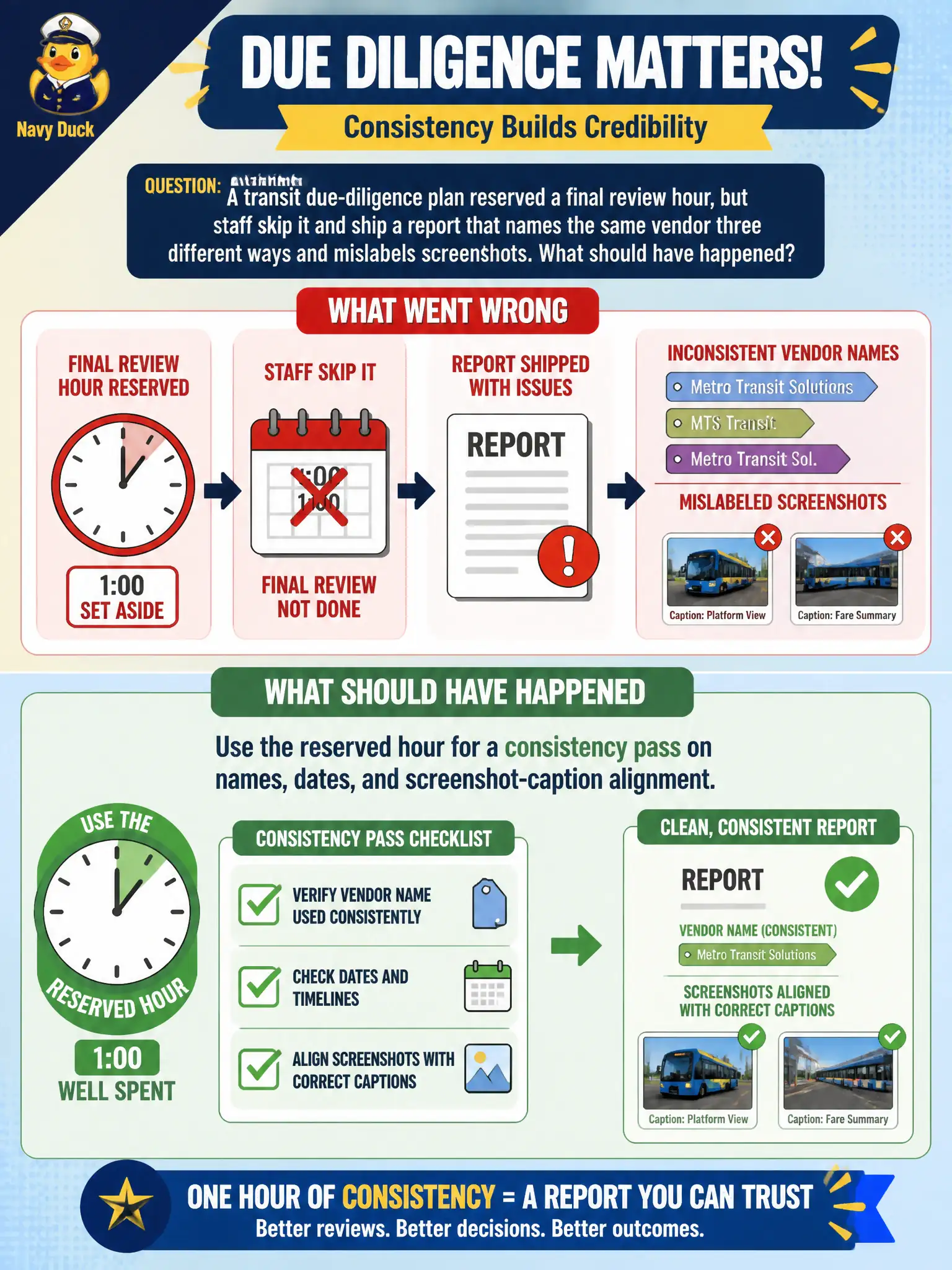 To Create an exciting colorful infographic that explains the concepts in the question: Question: A transit due-diligence plan reserved a final review hour, but staff skip it and ship a report that names the same vendor three different ways and mislabels screenshots. What should have happened? Correct Answer: Use the reserved hour for a consistency pass on names, dates, and screenshot-caption alignment. Put EVERY visible label in double quotes. No people. No A/B/C/D letters. In one of the four corners put a little "Navy Duck".
