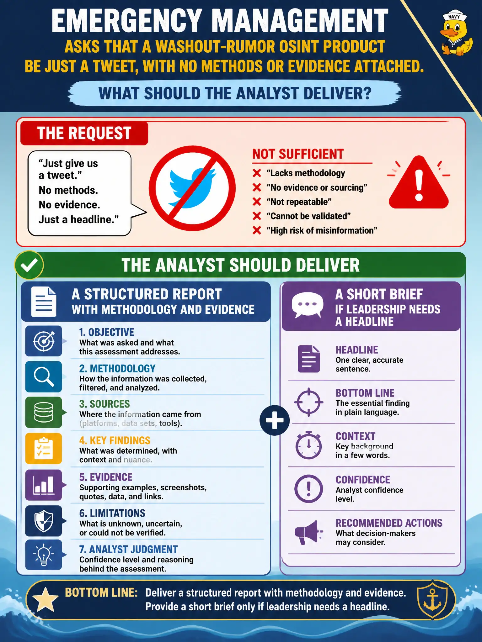 To Create an exciting colorful infographic that explains the concepts in the question: Question: Emergency management asks that a washout-rumor OSINT product be just a tweet, with no methods or evidence attached. What should the analyst deliver? Correct Answer: A structured report with methodology and evidence, plus a short brief if leadership needs a headline. Put EVERY visible label in double quotes. No people. No A/B/C/D letters. In one of the four corners put a little "Navy Duck".