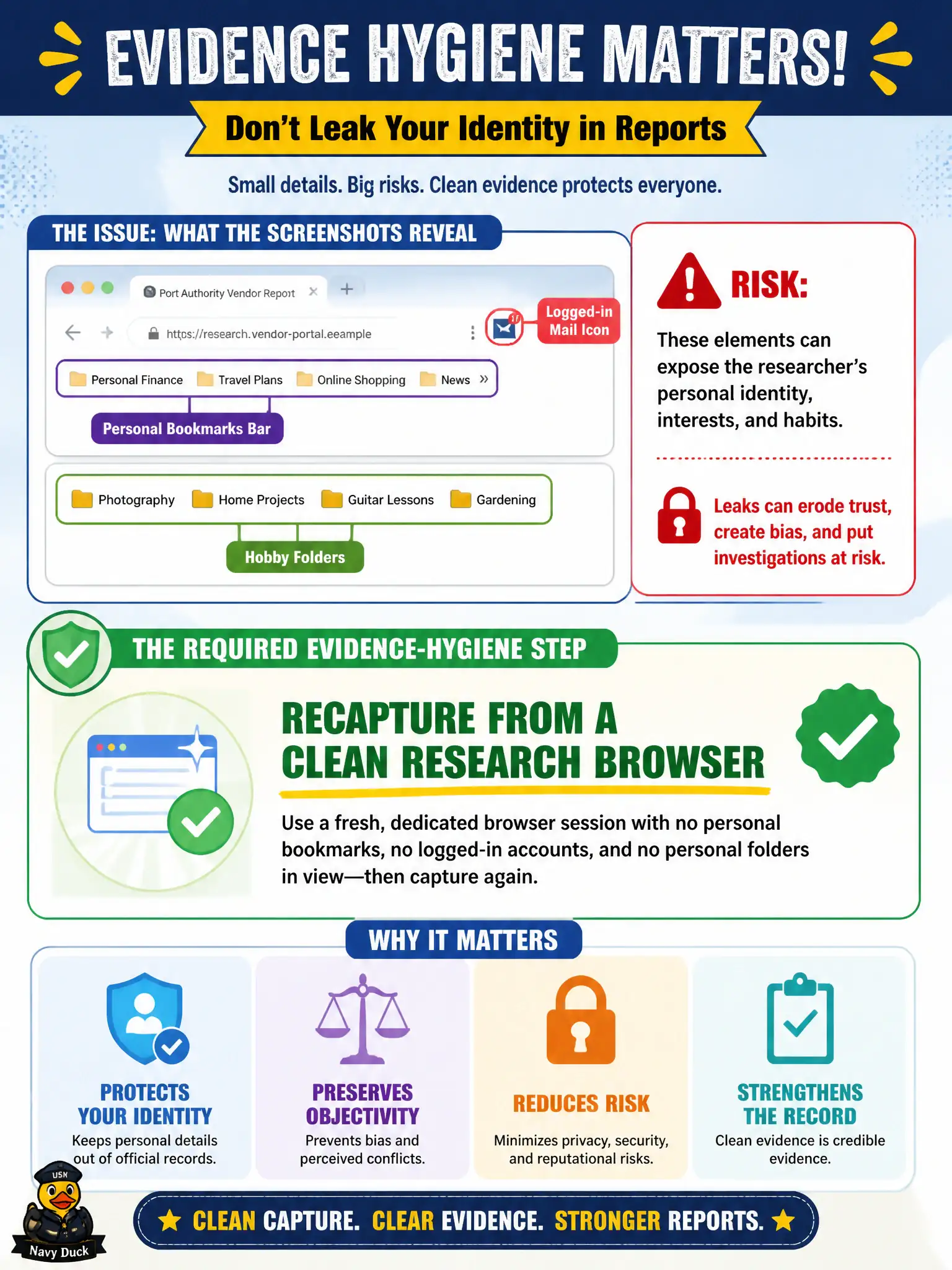To Create an exciting colorful infographic that explains the concepts in the question: Question: Screenshots in a port-authority vendor report show the analyst's personal bookmarks bar, a logged-in mail icon, and hobby folders. What evidence-hygiene step is required? Correct Answer: Recapture from a clean research browser so the report does not leak the researcher's personal identity. Put EVERY visible label in double quotes. No people. No A/B/C/D letters. In one of the four corners put a little "Navy Duck".
